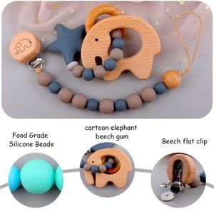 Elephant Wooden Silicone Teething Toy Set BPA Free With Pacifier Clip